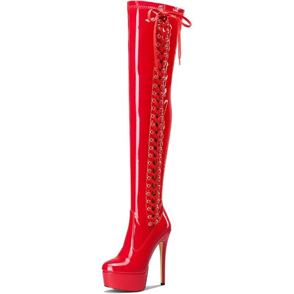 Womens Red Over The Knee Patent Leather Thigh High Zipper 5.9In High Heel Boots - Picture 1 of 6